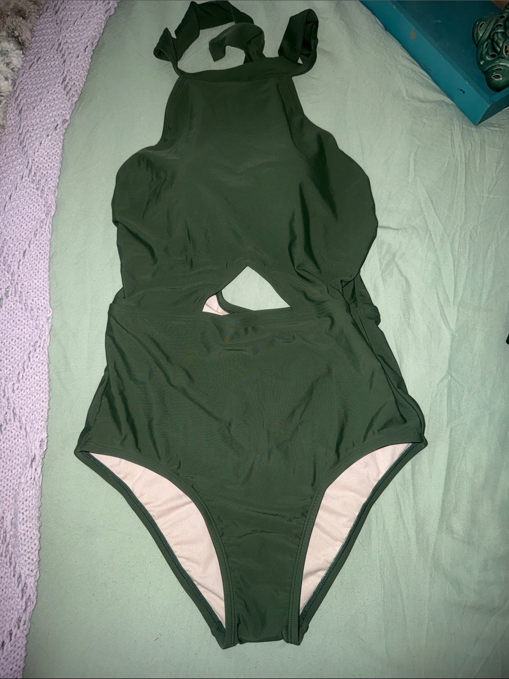 Dark Green One-Piece Cutout Moc neck Swimsuit